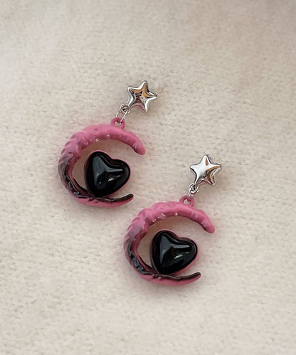 Gradient Color Pink Sterling Silver Alloy Glass Moon Love Drop Earrings