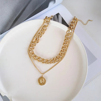 Retro Portrait Exaggerated Thick Chain Necklace Double Layer Cool Chain Hip Hop Necklace Short Clavicle Chain