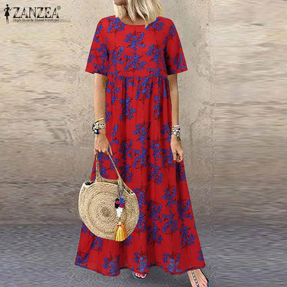 EP | 2024 ZANZEA Femme Bohème Manches Courtes Floral Imprimé Robe Solaire O Col Vacances Caftan Vestido Baggy Robe d'été Robes Longues