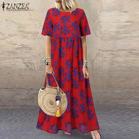 EP | 2024 ZANZEA Femme Bohème Manches Courtes Floral Imprimé Robe Solaire O Col Vacances Caftan Vestido Baggy Robe d'été Robes Longues