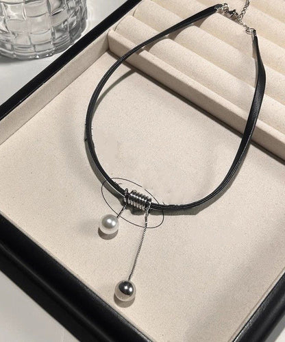 Handmade Black Leather Pearl Pendant Necklace