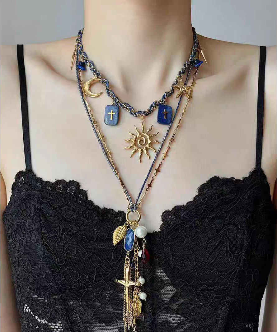Handmade Blue Alloy Weave Lapis Lazuli Sun Pendant Necklace Two-piece Set