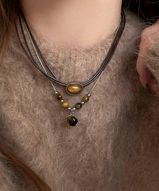 Handmade Brown Alloy Tiger Eye Stone Tassel Two Piece Set Pendant Necklace Wi005