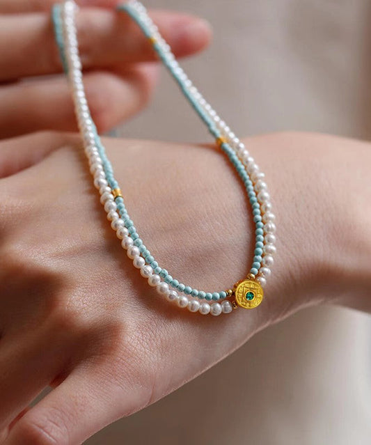 Handmade Colorblock Alloy Turquoise Double Layer Beading Gratuated Bead Necklace Ey015