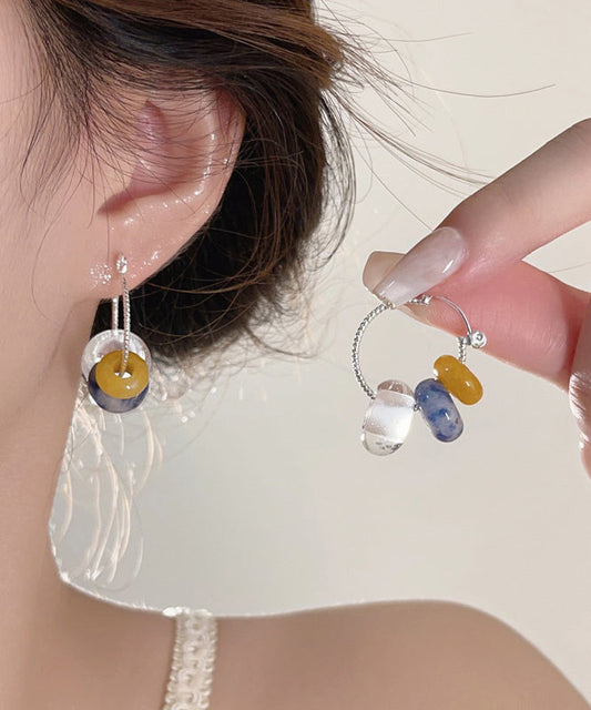 Handmade Colorblock Copper Alloy Gem Stone Beading Hoop Earrings