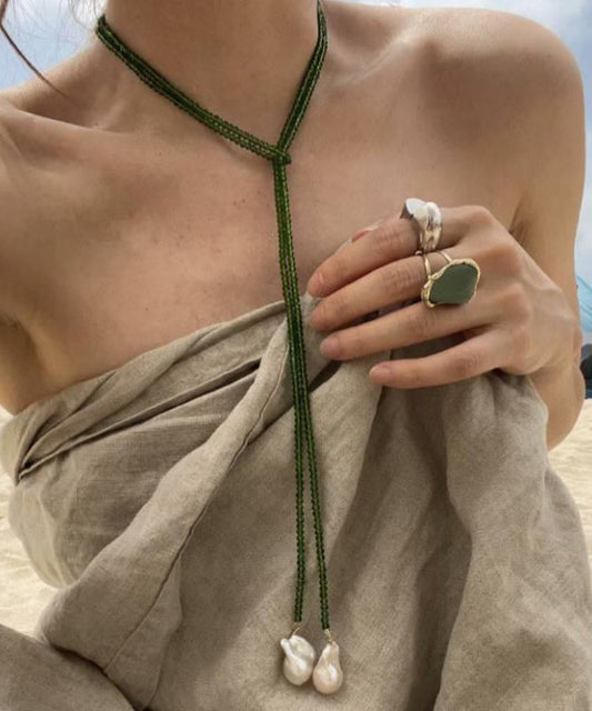 Handmade Green Alloy Crystal Pearl Beading Gratuated Bead Necklace Kx1087