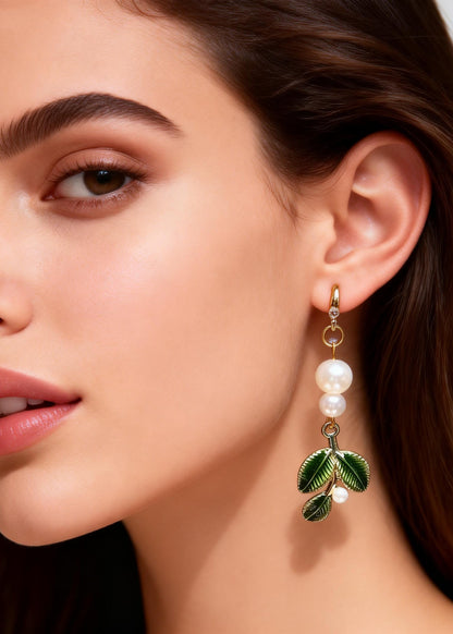 Handmade Green Leaf Pearl Zircon Drop Earrings