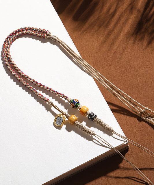 Handmade Khaki Cloisonne Barrel Bead Tassel Lariat Necklace Gh1036