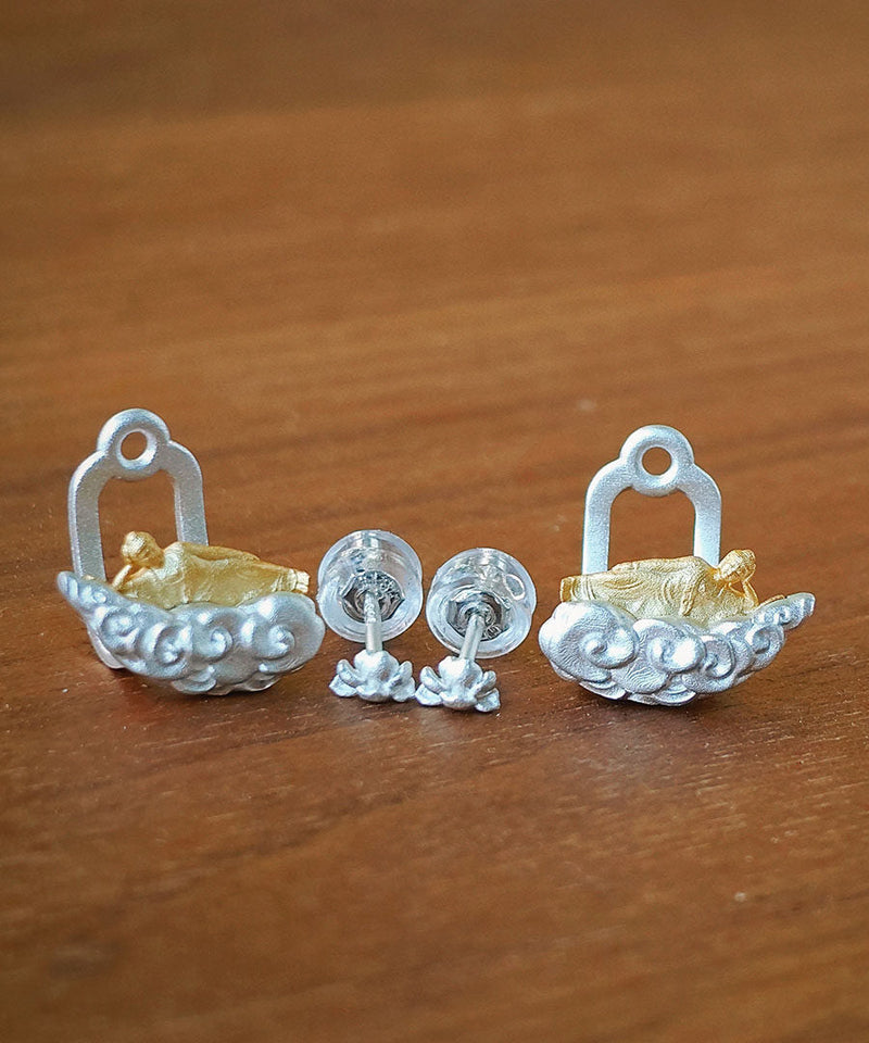 Handmade Original Tiankai Sleeping Buddha Silver Stud Earrings