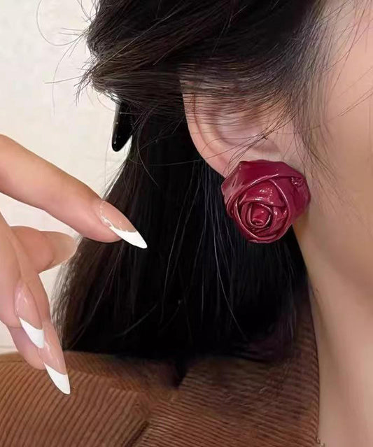 Handmade Red Pu Rose Stud Earrings