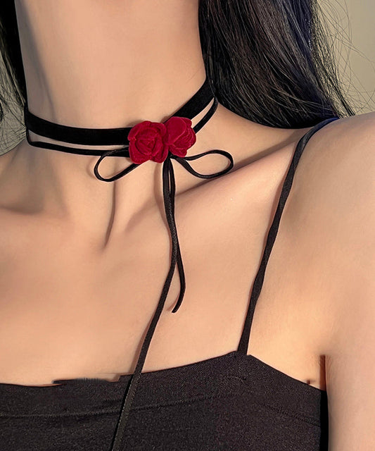 Handmade Red Silk Velvet Bow Pendant Necklace Yu017