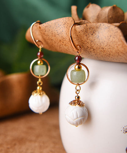 Handmade White Shell Bead Fine Jade 14k Gold Drop Earrings