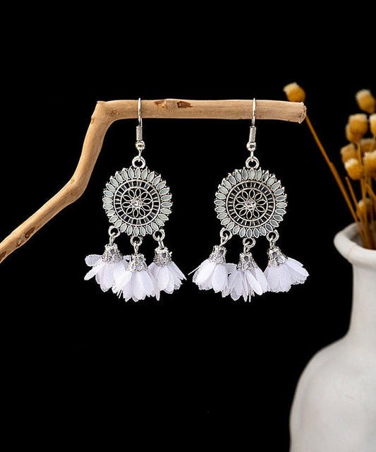 Handmade White Sterling Silver Zircon Chiffon Tassel Drop Earrings