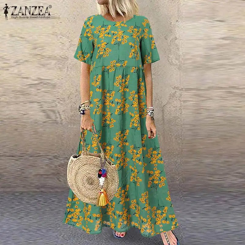 EP | 2024 ZANZEA Femme Bohème Manches Courtes Floral Imprimé Robe Solaire O Col Vacances Caftan Vestido Baggy Robe d'été Robes Longues