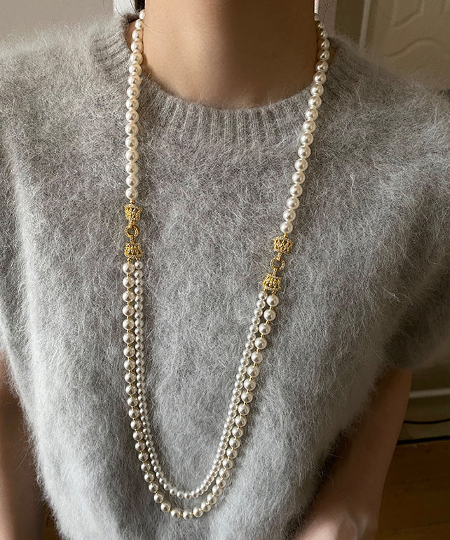 Light White Double-layer Layered Long Pearl Necklace
