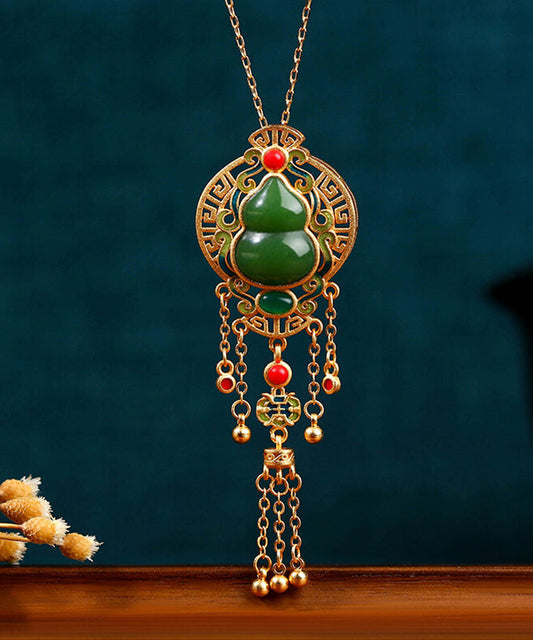 Loose Blackish Green Ancient Gold Jade Agate Tassel Pendant Necklace Kx1068