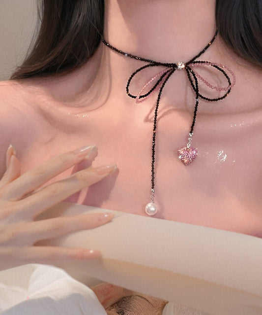 Modern Black Zircon Beading Bow Tie Lace Pearl Love Pendant Necklace Ya014