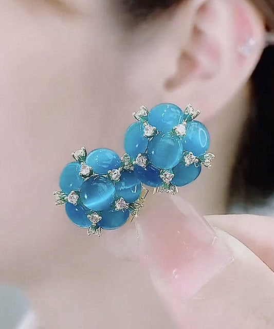 Modern Blue Overgild Zircon Cat's Eye Stone Stud Earrings