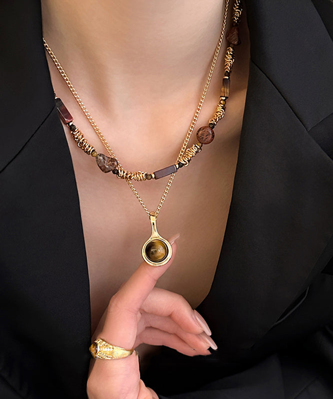 Modern Gold Copper Alloy Tiger's Eye Stone Pendant Necklace Two-piece Set