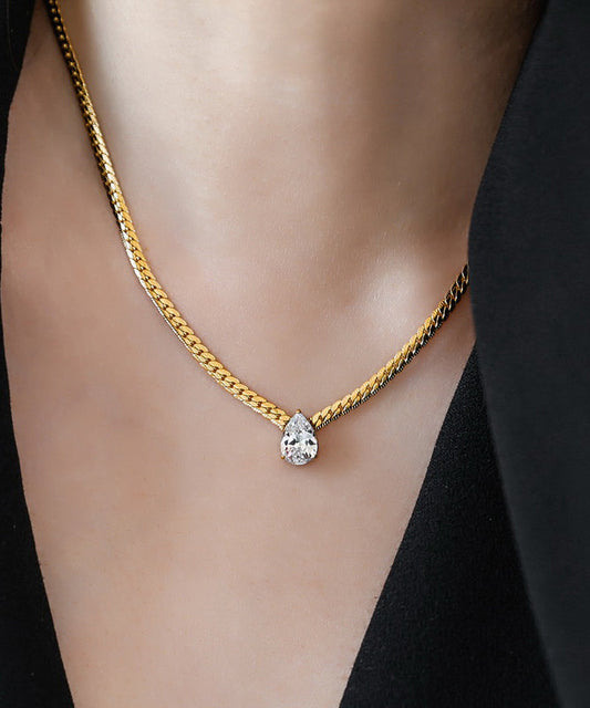 Modern Gold Copper Overgild 14k Gold Zircon Water Drop Pendant Necklace Yi039