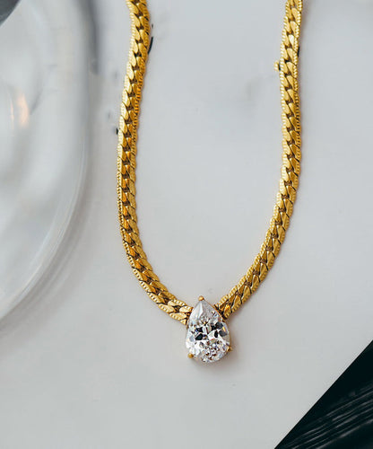 Modern Gold Copper Overgild 14k Gold Zircon Water Drop Pendant Necklace Yi039