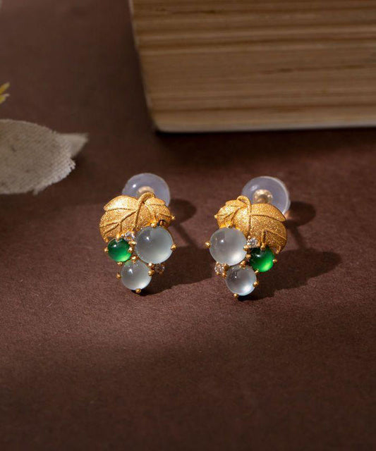 Earrings Gold Stud Overgild Sterling Silver Jade Grape Modern