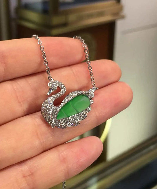 Modern Green Sterling Silver Jade Little Swan Pendant Necklace Ac1043