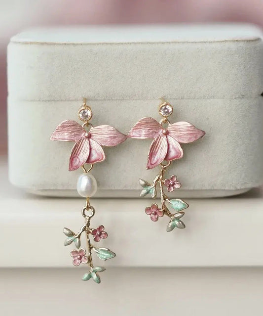 Modern Pink Copper Overgild Pearl Drop Earrings