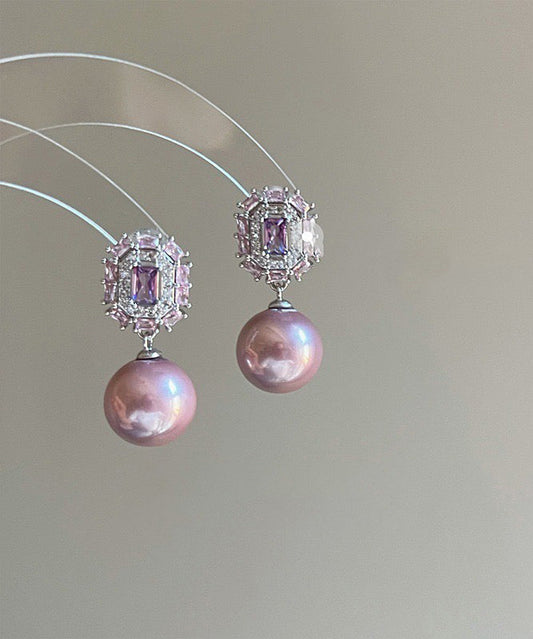 Modern Purple Copper Zircon Crystal Pearl Drop Earrings