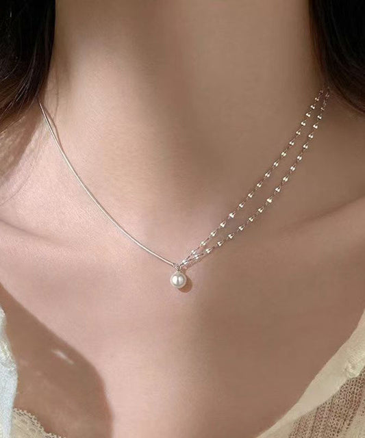 Modern Silk Sterling Silver Double Layer Pearl Pendant Necklace Ra012