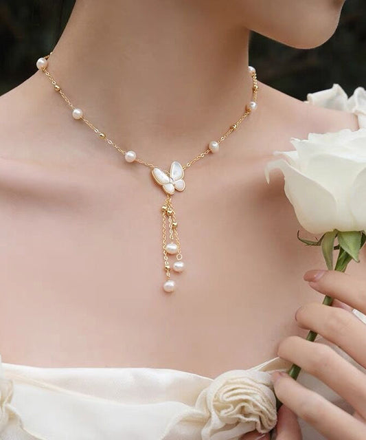 Modern White Sterling Silver Alloy Pearl Butterfly Tassel Pendant Necklace Wf026
