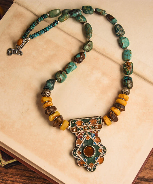 Multicolor Retro Sterling Silver Honey Wax Turquoise Pendant Necklace Rg001