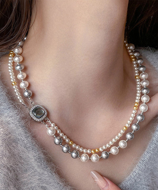 New Colorblock Alloy Zircon Double Layer Pearl Gratuated Bead Necklace Et028