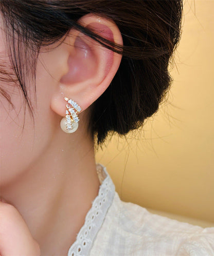 New Light Design Silver Needle Zircon Pearl Earrings