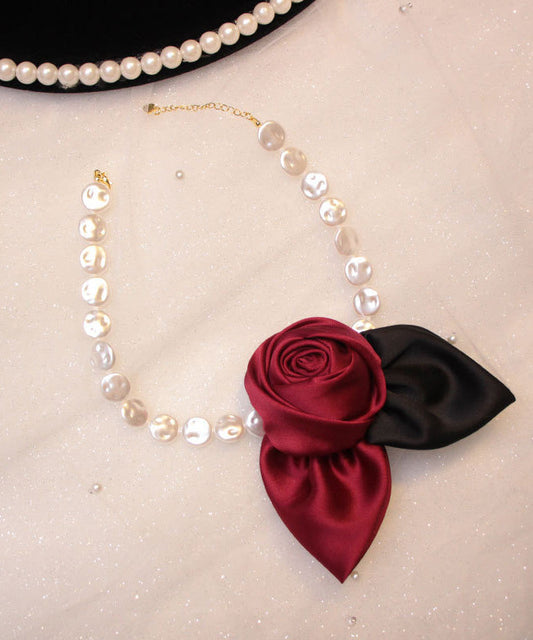 New Red Alloy Pearl Beading Fabric Art Pendant Necklace Rg003
