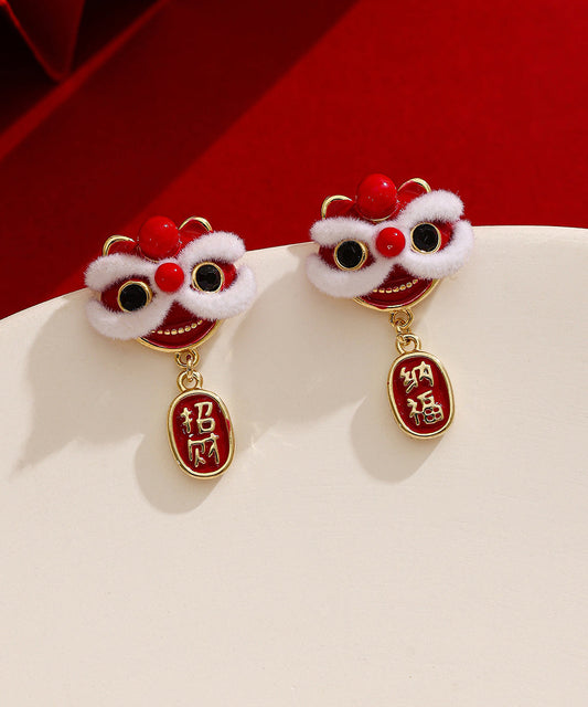 New Red Copper 14k Gold 14k Gold Lion Dance Drop Earrings