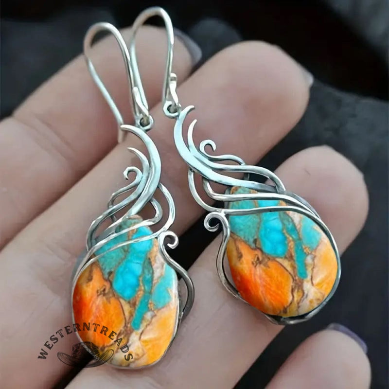 Turquoise Pattern Hollow Teardrop Earrings