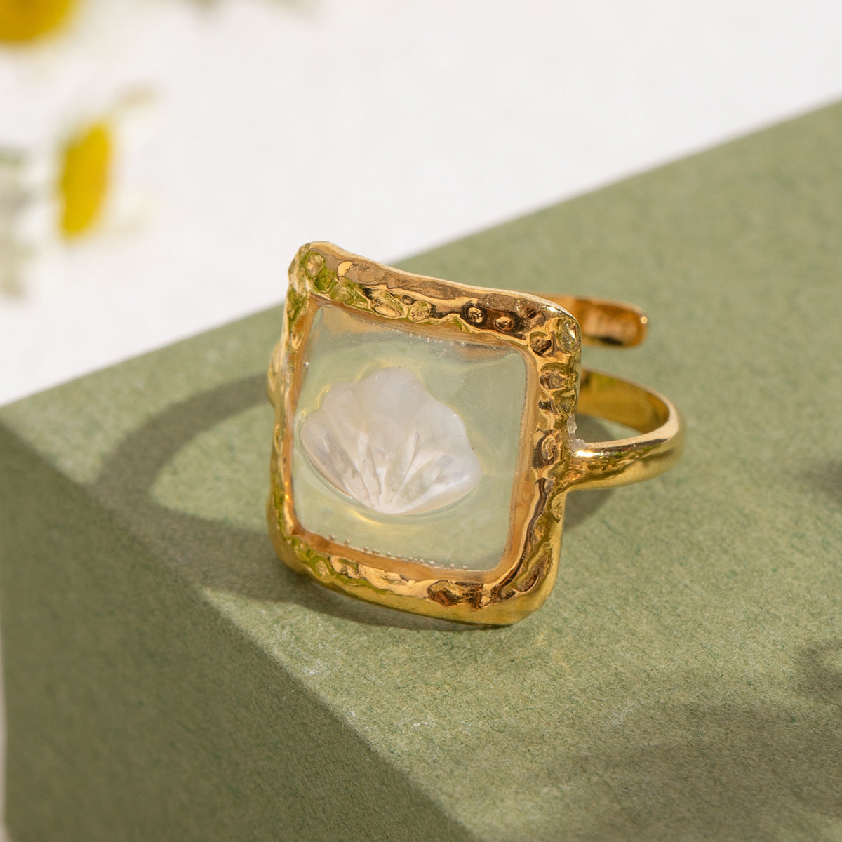 Transparent Shell Square Ring