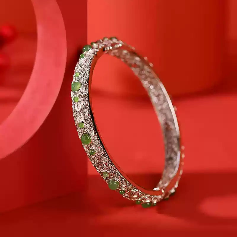 Green Jade Gold-plated Silver Filigree Bangle