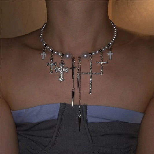 Cross Rivet Tassel Pearl Beaded High-end Necklace