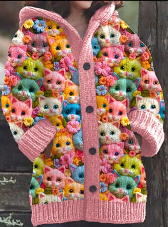 LM | Knitted coat with button placket and playful cat print