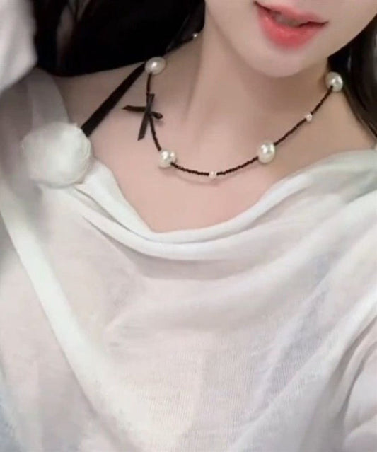 Original Black Stainless Steel Pearl Beading Bow Necklace Yd021