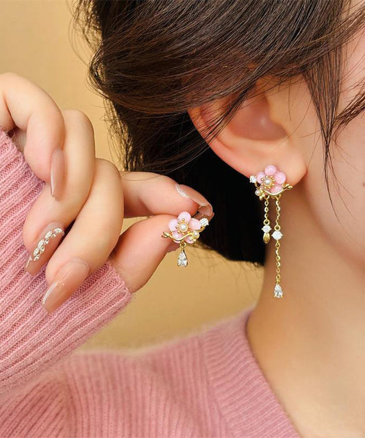 Original Design Gold Copper Alloy Zircon Pearl Resin Asymmetrical Drop Earrings
