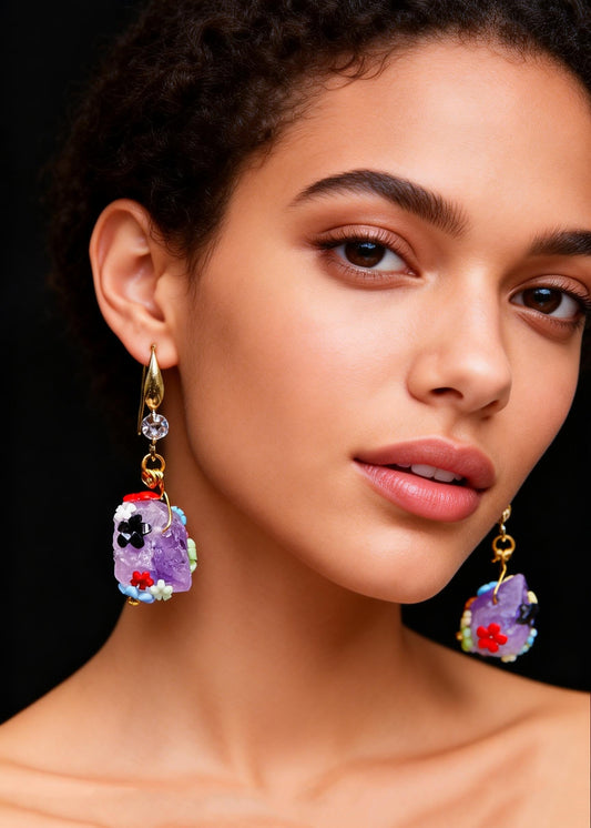 Original Design Naturally Purple Jade Multicolour Flowers Drop Earrings
