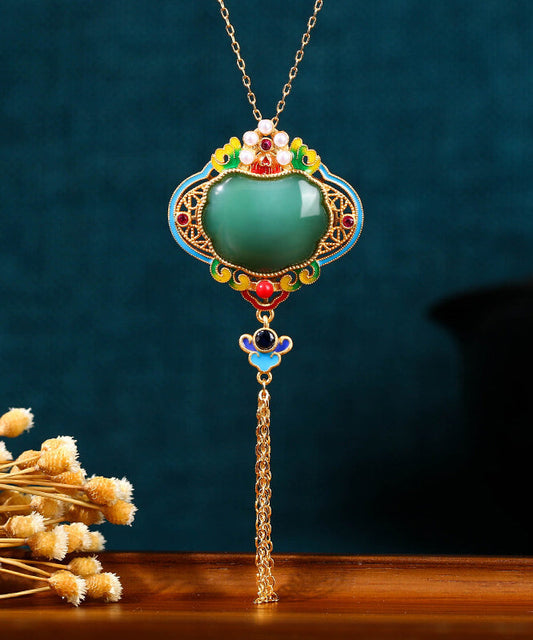 Original Design Rainbow Copper Overgild Jade Pearl Enamel Safety Lock Tassel Pendant Necklace Kx1070
