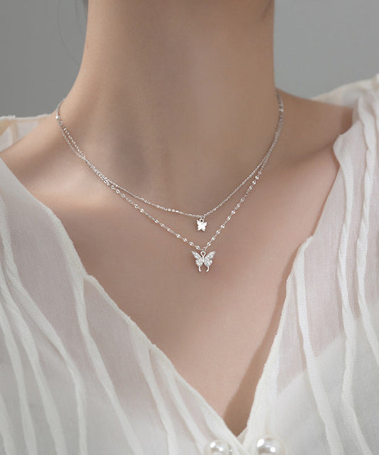 Original Design Silk Sterling Silver Double Layer Butterfly Pendant Necklace Et015