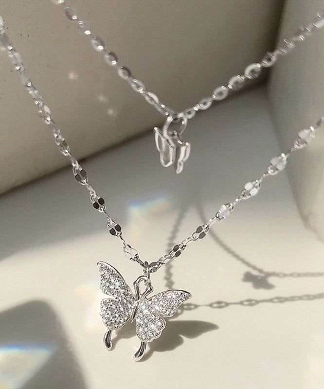 Original Design Silk Sterling Silver Double Layer Butterfly Pendant Necklace Et015