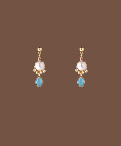 Original Gold Copper Alloy Cat Eye Stone Pearl Tassel Drop Earrings