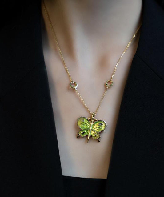 Original Green Sterling Silver Overgild Enamel Butterfly Pendant Necklace Qj004