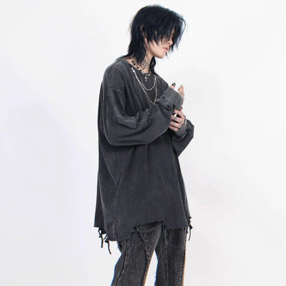 Distressed White Long-sleeve Tee With Chain Cross Necklace